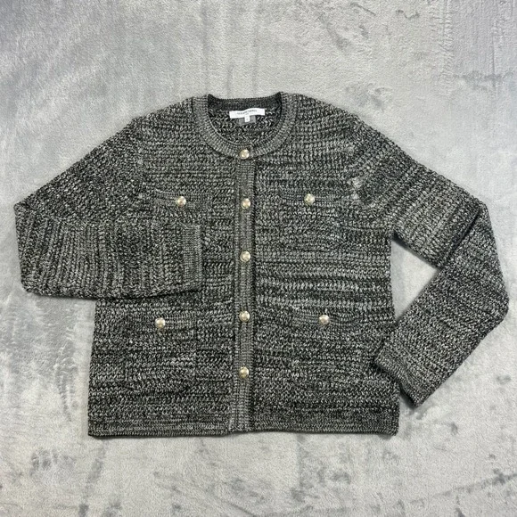 Gerard Darel Cardigan Women Size 2 Grey Excellent Wool Blend Gold Crest Buttons - Picture 2 of 16